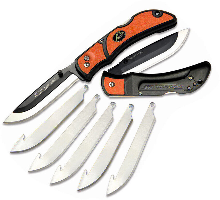 A group of Outdoor Edge 3.5" Razorlite EDC Orange Knife with a white background