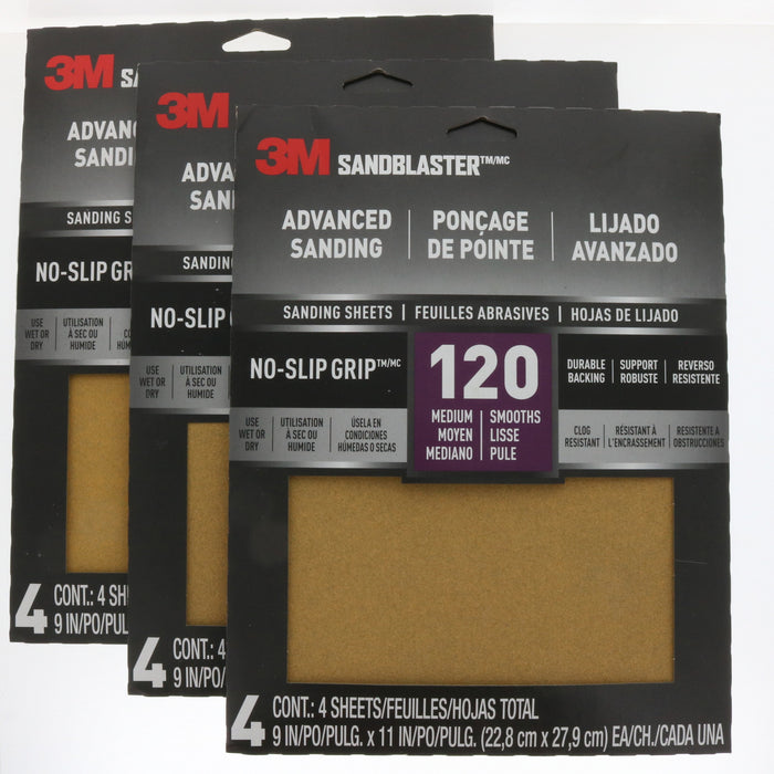 3M #20120-G-4 Wet/Dry Sandpaper Sanding Sheets 120 Grit Medium ~ 3-Pack ~ 12 Sheets Total