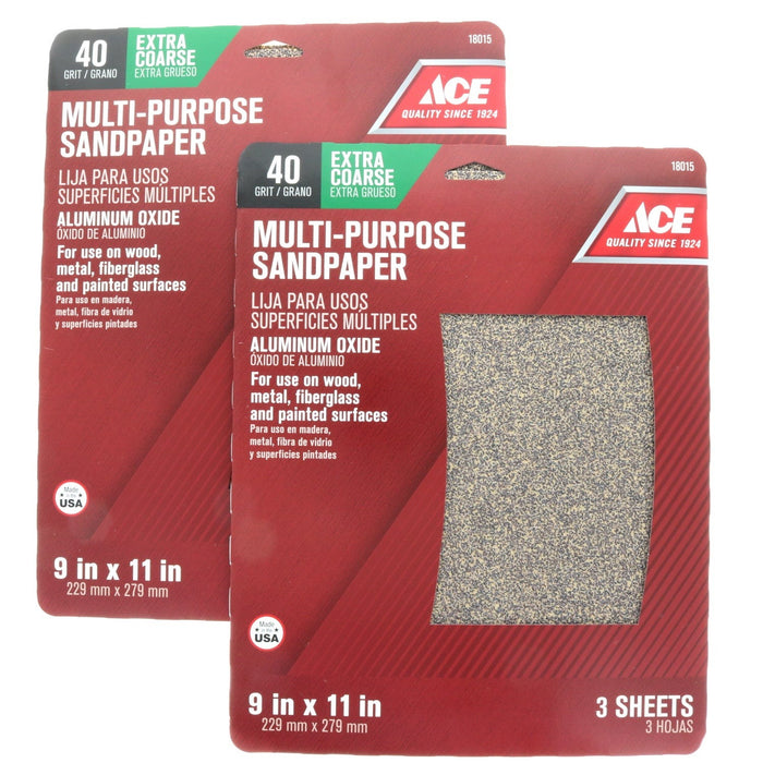 Ace Hardware #18015 Multi-Surface Sandpaper Sheets 40 Grit 9" x 11" ~ 2-Pack ~ 6 Sheets Total